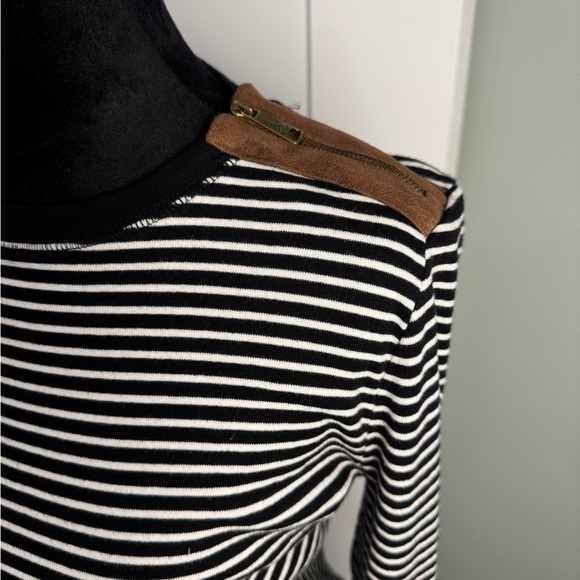 Lauren Ralph Lauren Black White Striped Shoulder Zip Elbow brown Patch Shirt - Picture 3 of 12